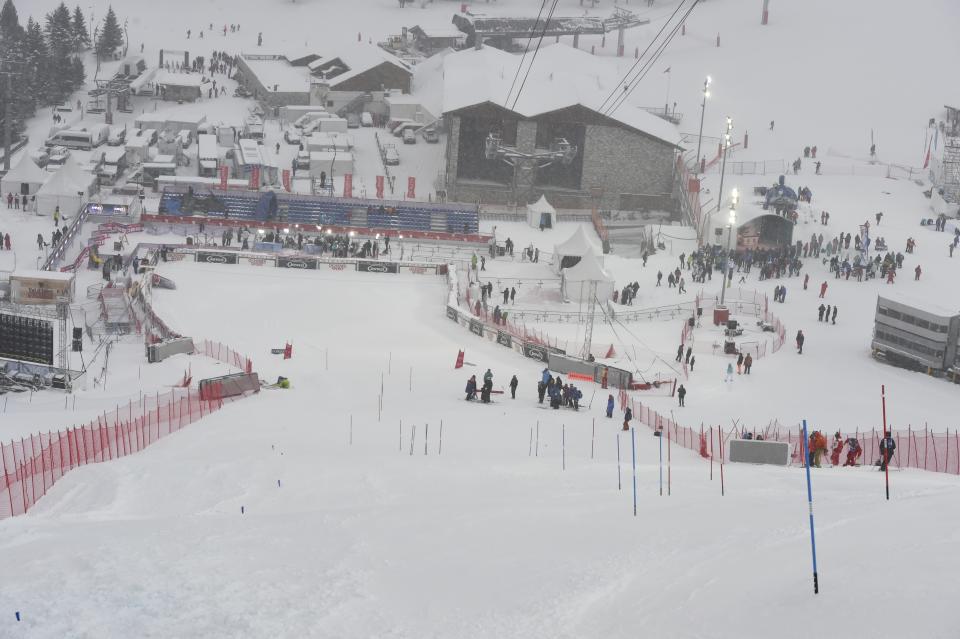 A view of the course after a men's World Cup slalom was cancelled due to bad weather in Val D'Isere, France, Sunday, Dec. 9, 2018. (AP Photo/Marco Tacca)