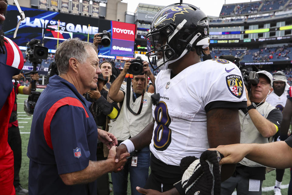 Lamar Jackson is 2-1 in his career against Bill Belichick and the Patriots. (Photo by Maddie Meyer/Getty Images)