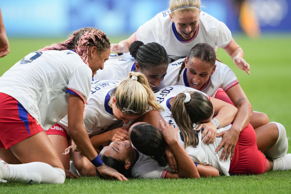 LYON, FRANCE - AUGUST 6: Sophia Smith #11 of the United States celebrates her goal with teammates during overtime against Germany in the Women's Semi-Final match at the Paris 2024 Olympic Games at Stade de Lyon on August 6, 2024 in Lyon, France. (Photo by Brad Smith/ISI/Getty Images)