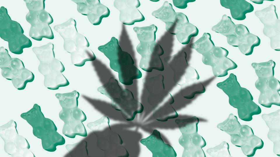 The shadow of a cannabis leaf over gummy bears