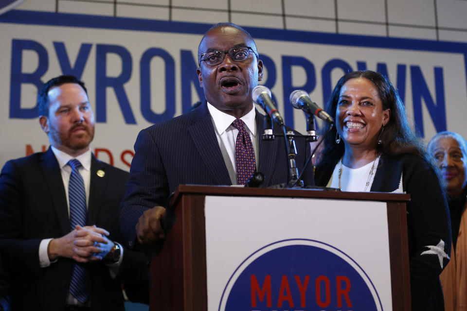 Buffalo Mayor Byron Brown speaks to supporters at his election night party as wife Michelle looks on, late Tuesday, Nov. 2, 2021, in Buffalo, N.Y. (AP Photo/Jeffrey T. Barnes)