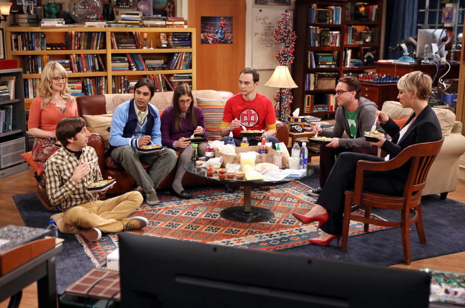 The characters in "The Big Bang Theory" sitting in a living room