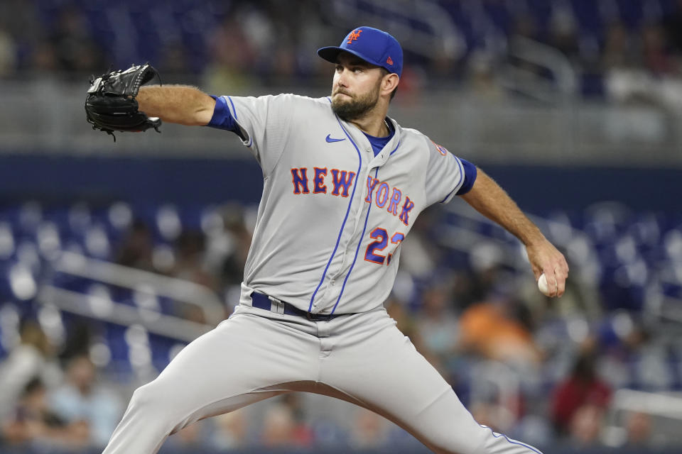 New York Mets starting pitcher David Peterson throws during the first inning of the team's baseball game against the Miami Marlins, Friday, Sept. 9, 2022, in Miami. (AP Photo/Marta Lavandier)