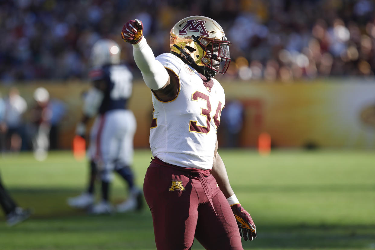 Minnesota EDGE Boye Mafe is a disruptive pass rusher with an intriguing skill set. (Photo by Mark LoMoglio/Icon Sportswire via Getty Images)