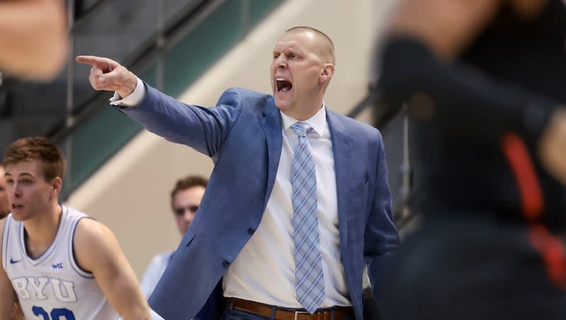 BYU Cougars head coach Mark Pope calls out from the bench during the game against the Gonzaga Bulldogs at the Marriott Center in Provo on Thursday, Jan. 12, 2023. Pope has been mentioned as a possible candidate for the open Louisville Cardinals job.