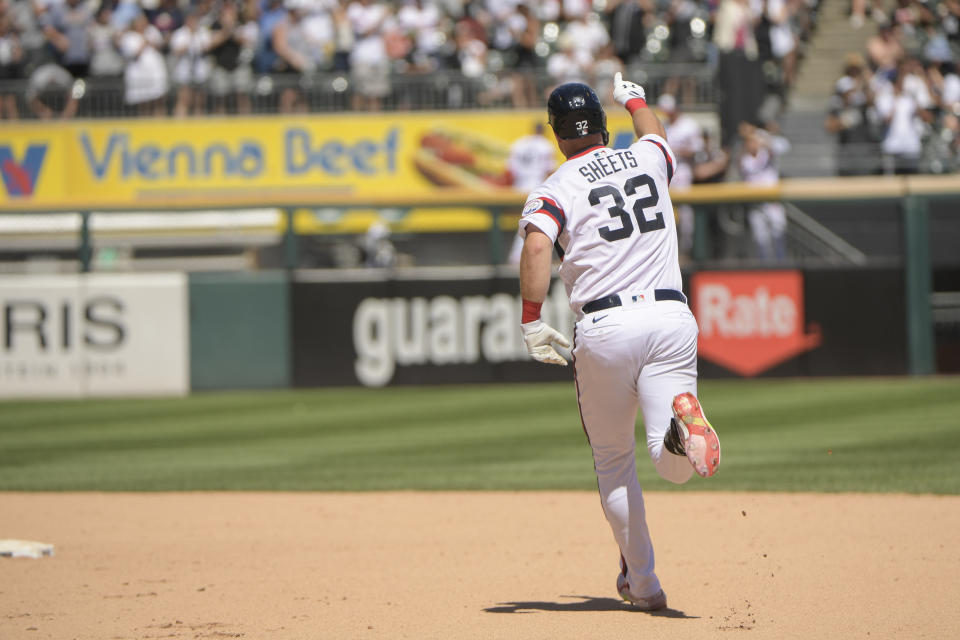 Chicago White Sox Gavin Sheets celebrates his home run against the Detroit Tigers during the sixth inning of a baseball game, Sunday, July 10, 2022, in Chicago. (AP Photo/Mark Black)