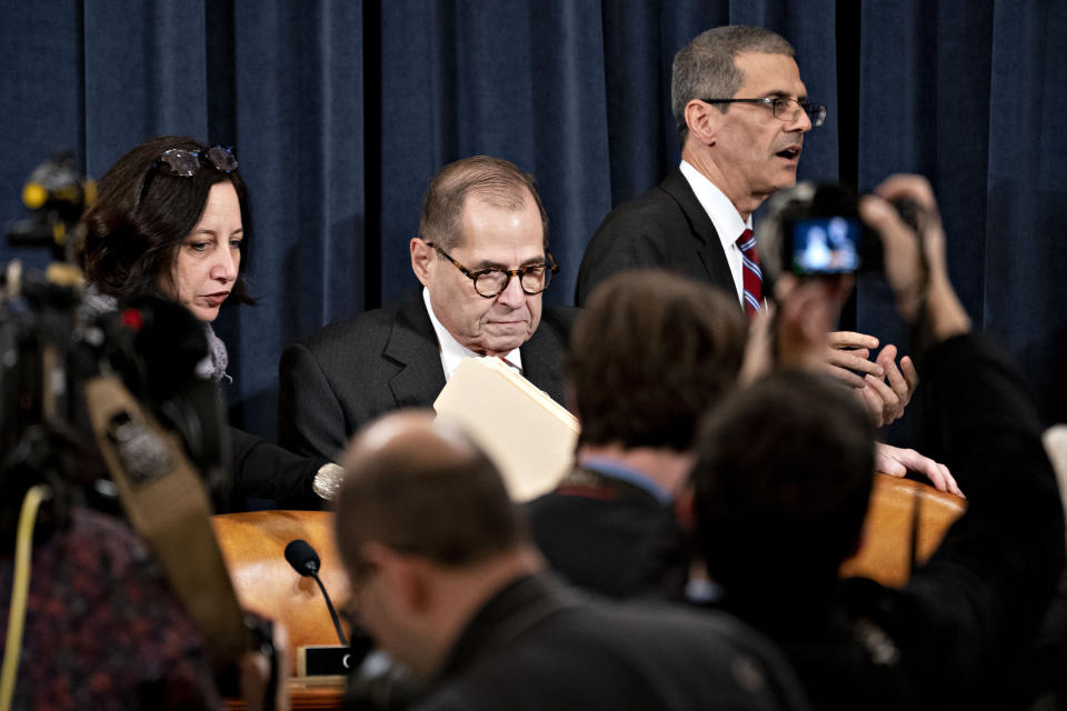 House Judiciary Committee Chairman Rep. Jerrold Nadler, D-N.Y., center, arrives for a House Judiciary Committee markup of the articles of impeachment against President Donald Trump, on Capitol Hill Thursday, Dec. 12, 2019, in Washington. (Andrew Harrer/Pool via AP)