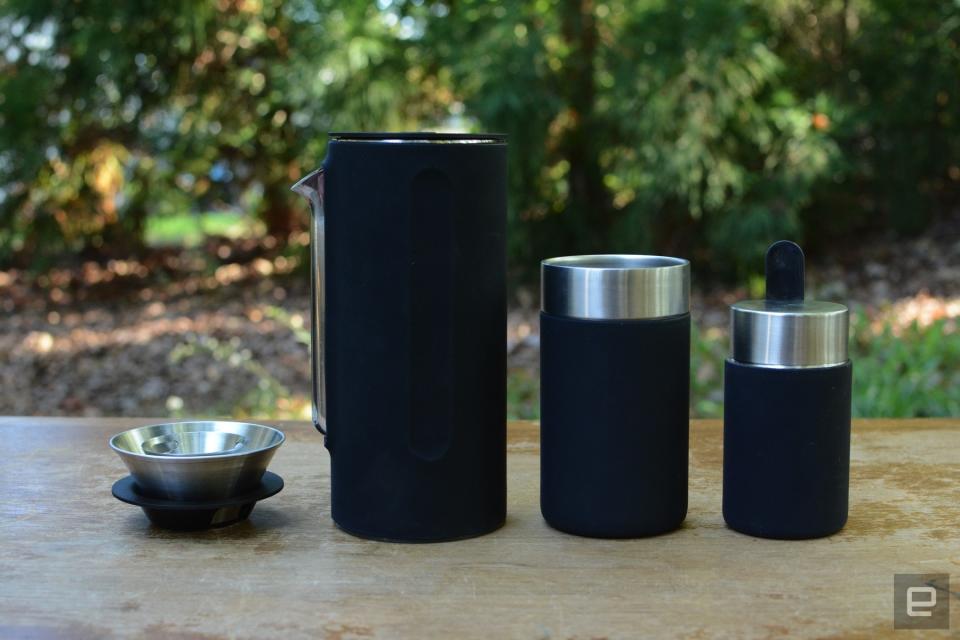 A nearly all-in-one travel kit for pour-over coffee.