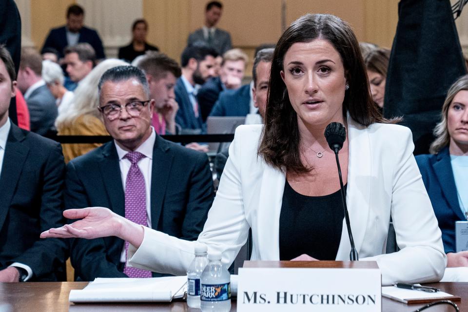 Cassidy Hutchinson, former aide to Trump White House chief of staff Mark Meadows, testifies as the House select committee investigating the Jan. 6 attack on the U.S. Capitol holds a hearing at the Capitol in Washington, Tuesday, June 28, 2022.
(AP Photo/Andrew Harnik, Pool)