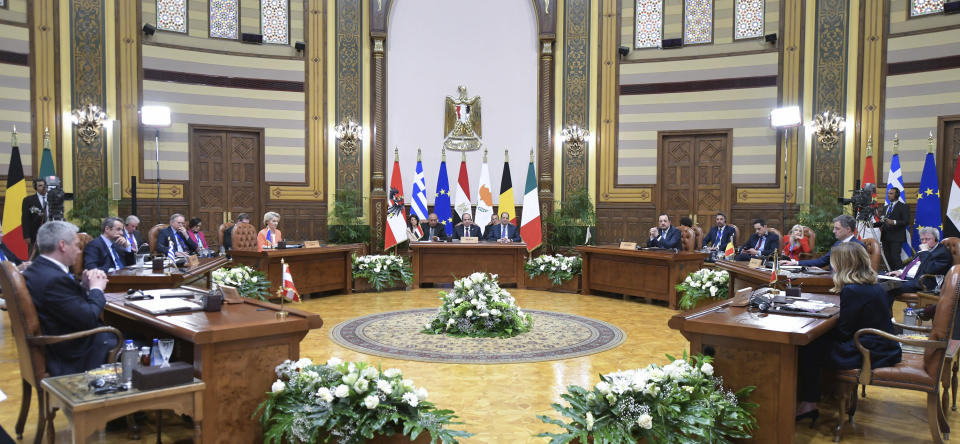 In this photo provided by Egypt's presidency media office, Egyptian President Abdel-Fattah el-Sissi chairs a meeting with Austrian Federal Chancellor Karl Nehammer, Greece Prime Minister Kyriakos Mitsotakis, European Commission president Ursula Von der Leyen, Cyprus President Nikos Christodoulides, Belgian Prime Minister Alexander De Croo and Italy Prime Minister Giorgia Meloni, at the Presidential Palace in Cairo, Egypt, Sunday, March 17, 2024. (Egyptian Presidency Media Office via AP)