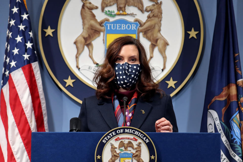 In a photo provided by the Michigan Office of the Governor, Gov. Gretchen Whitmer addresses the state during a speech in Lansing, Mich., Tuesday, March 2, 2021. The governor announced the further loosening of Michigan's coronavirus restrictions, easing capacity limits in restaurants and a host of other businesses while also allowing for larger indoor and outdoor gatherings. The revised state health department order will take effect Friday and last through April 19. (Michigan Office of the Governor via AP)