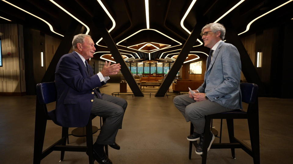 Michael Bloomberg with correspondent Mo Rocca at the Perelman Performing Arts Center at the World Trade Center in New York City.  / Credit: CBS News