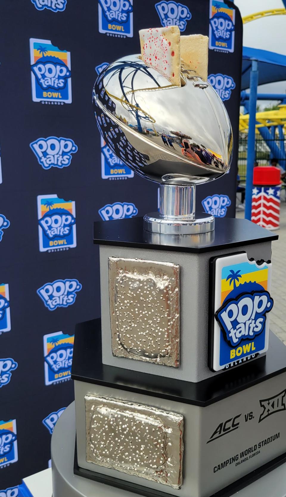 The Pop-Tarts Bowl trophy was on display Tuesday at the Fun Spot America theme park in Orlando, Fla.