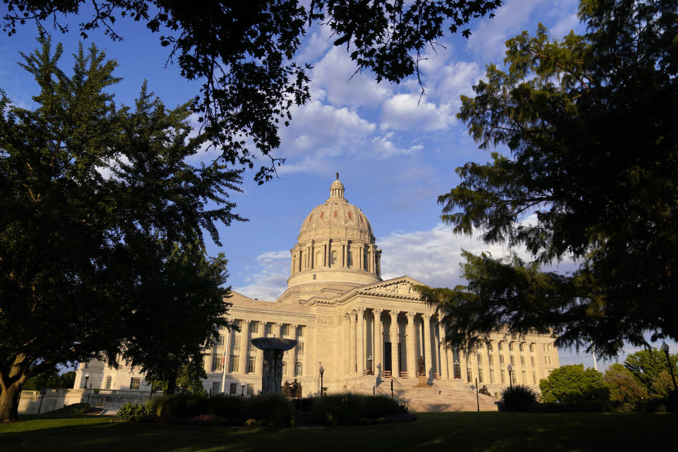 FILE - The Missouri Capitol is seen, Sept. 16, 2022, in Jefferson City, Mo. Republicans in Missouri and Idaho will have to attend caucuses to cast their presidential picks in 2024, after GOP-led legislatures in those states canceled their presidential primaries and then missed a deadline to reinstate them. Presidential caucuses in both states are planned on March 2, 2024. (AP Photo/Jeff Roberson, File)