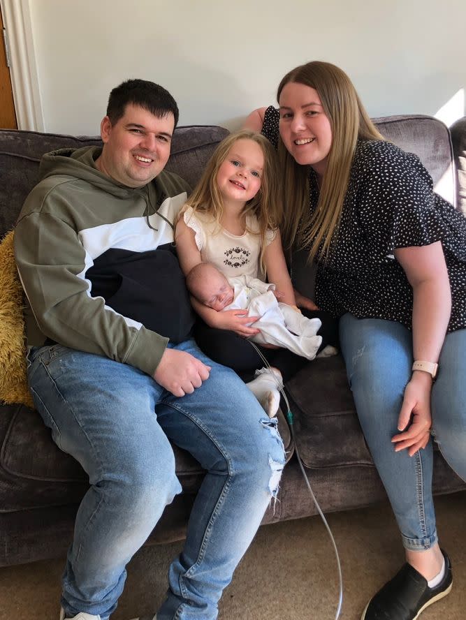 Tommy spent 102 days in hospital before being allowed home to meet his big sister. Pictured Karianne Pratt, 31, Callum Pratt, 32, Lily Pratt, seven, and baby Tommy. (Karianne Pratt/SWNS)