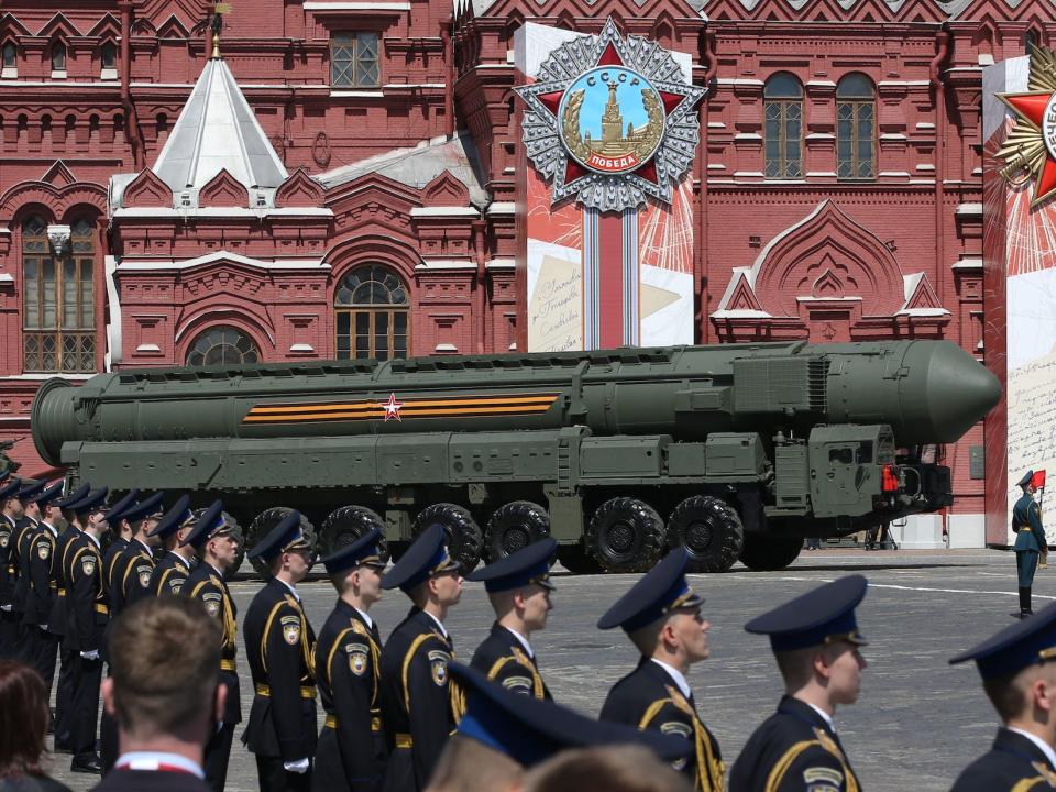 A Russian nuclear missile is seen during a parade in Moscow.