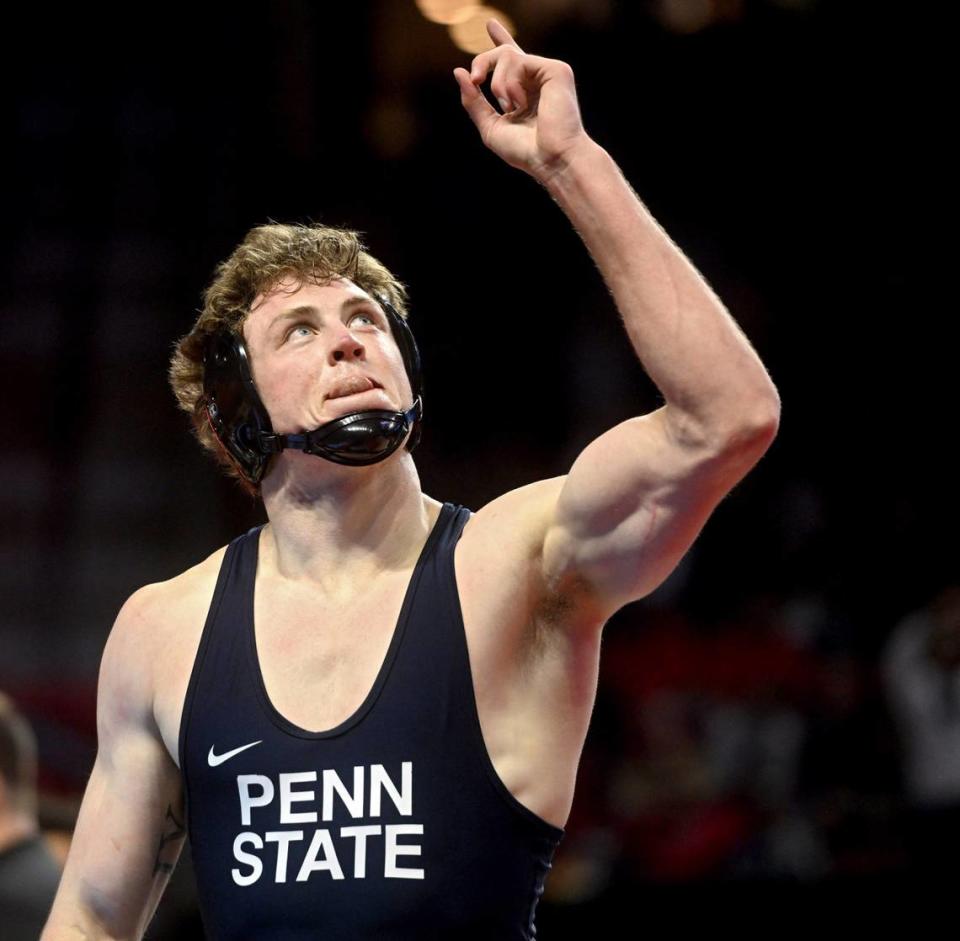 Penn State’s Bernie Truax celebrates his win over Nebraska’s Lenny Pinto in a 184 lb semifinal bout of the Big Ten Wresting Championships at the Xfinity Center at the University of Maryland on Saturday, March 9, 2024. Abby Drey/adrey@centredaily.com