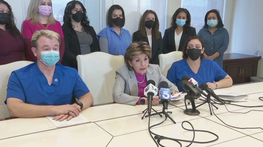 Attorney Gloria Allred discussing a lawsuit filed by nine healthcare workers for wrongful termination against St. Francis Medical Center in Lynwood on Jan. 12, 2024. (KTLA)