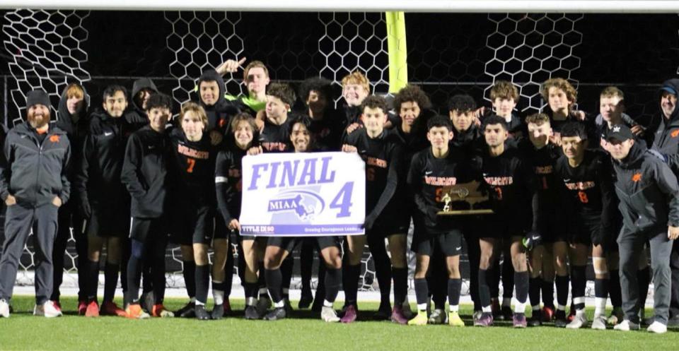 The Gardner High boys soccer team celebrates a 2-1 double-overtime victory over Westport and a berth in the Division 5 state semifinals, Sunday evening, at Watkins Field in Gardner.