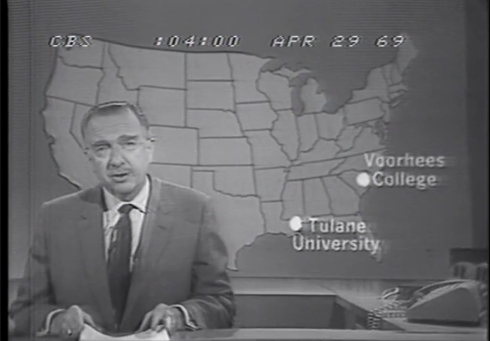 A still photo shows a CBS television broadcast of student protests in April 1969 in different parts of the country. Vanderbilt Television News Archive