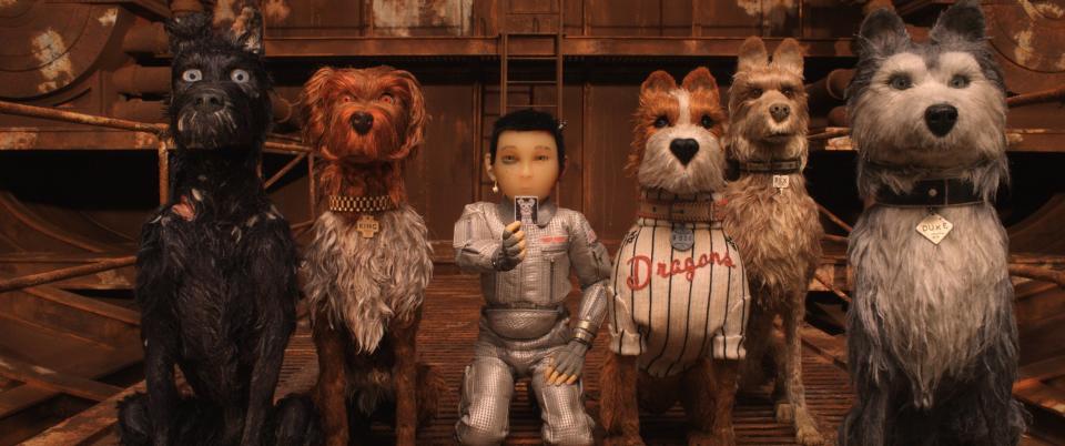This image released by Fox Searchlight Pictures shows characters, from left, Chief, voiced by Bryan Cranston, King, voiced by Bob Balaban, Atari Kobayashi, voiced Koyu Rankin, Boss, voiced by Bill Murray, Rex, voiced by Edward Norton, And Duke, voiced by Jeff Goldblum, in a scene from “Isle of Dogs.” (Fox Searchlight via AP)Koyu Rankin