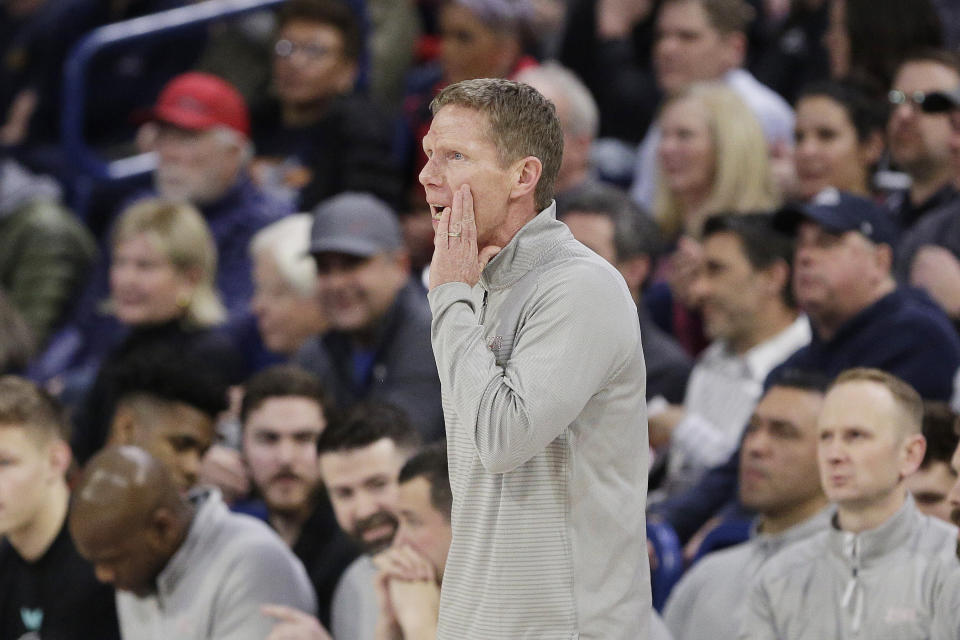 Gonzaga head coach Mark Few directs his team during the first half of an NCAA college basketball game against Santa Clara, Thursday, Feb. 2, 2023, in Spokane, Wash. (AP Photo/Young Kwak)