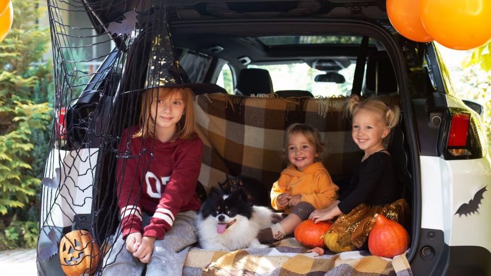 3 kids and dog sit in open suv trunk decorated for halloween with spider web, pumpkins, tan plaid blanket, orange balloons for trunk or treat