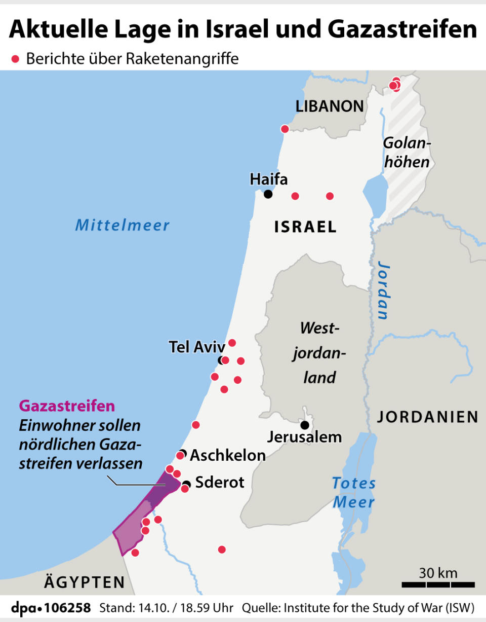 Aktuelle Lage in Israel und Gazastreifen. (Grafik: P. Massow; Redaktion: J. Schneider)