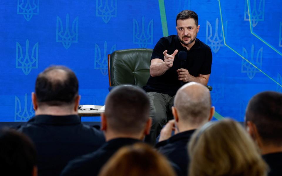 Ukraine's President Volodymyr Zelensky holds a press conference in Kyiv