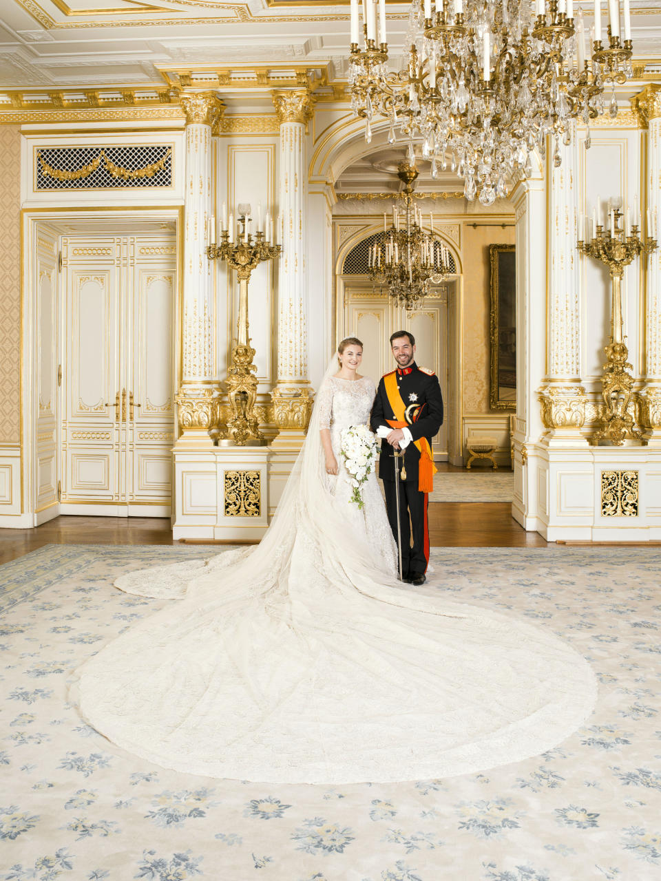 Crown Prince Guillaume of Luxembourg and Princess Stephanie of Luxembourg pose for the official wedding picture after the their wedding in Luxembourg