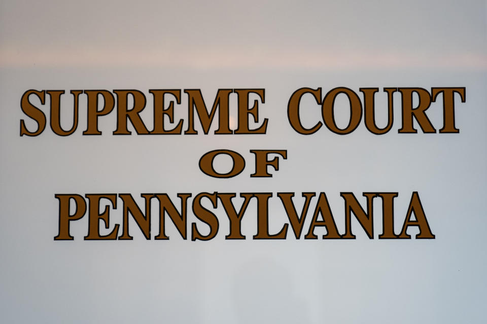 FILE - The Supreme Court of Pennsylvania is labeled on a door at the Capitol in Harrisburg, Pa., Tuesday, Feb. 21, 2023. Primary elections are scheduled for May 16, 2023 for Democratic and Republican voters to determine their parties nominees in the general election for offices including the state Supreme Court. (AP Photo/Matt Rourke, File)