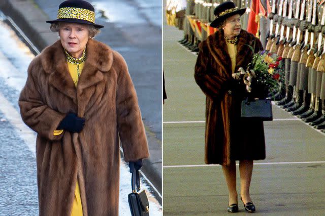 SplashNews; Tim Graham Picture Library/Getty Actress Imelda Staunton in character as Queen Elizabeth II on ‘The Crown’; Queen Elizabeth II reviewing troops on her arrival in Moscow on Oct. 17, 1994.