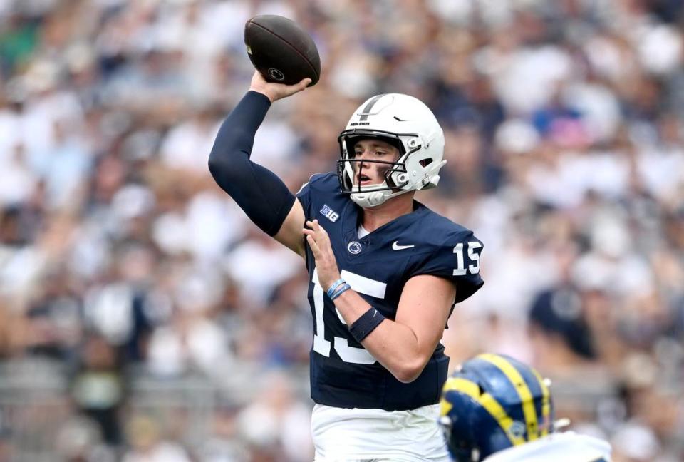 Penn State quarterback Drew Allar makes a pass during the game against Delaware on Saturday, Sept. 9, 2023.