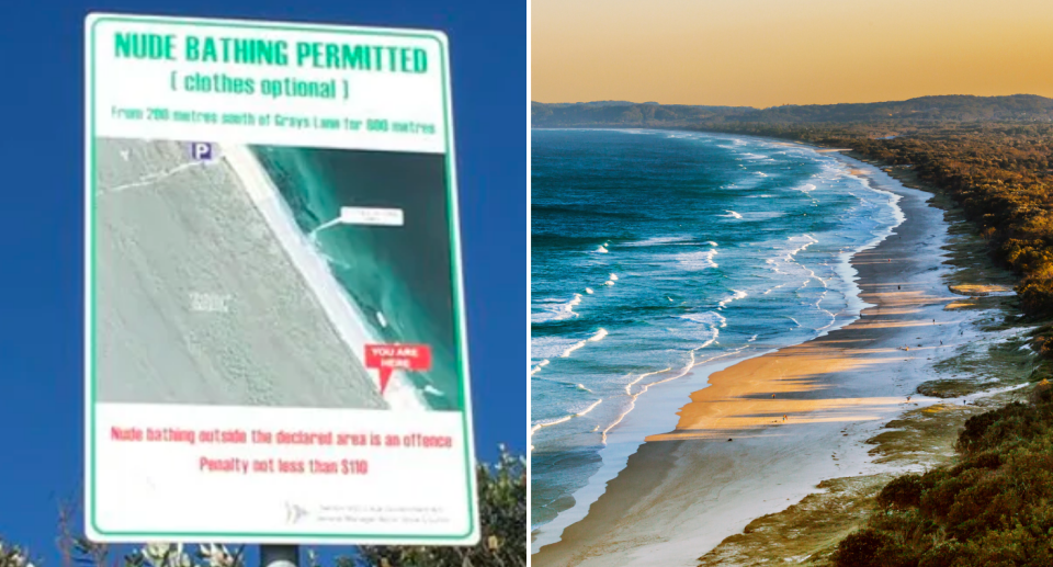 Left image is of the Byron Shire Council sign saying 'nude bathing permitted (clothing-optional)'. Right image shows a Byron Bay coastline.