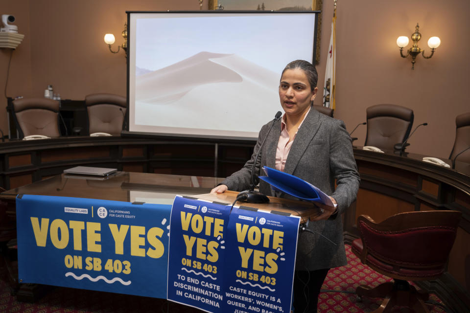 FILE - State Sen. Aisha Wahab proposes SB 403, a bill which adds caste as a protected category in the state's anti-discrimination laws, on March 22, 2023, in Sacramento, Calif. The bill, which would outlaw caste discrimination in California, was approved by the state's Senate Judiciary Committee on Tuesday, April 25, 2023, clearing its first big legislative hurdle. Wahab, the first Muslim and Afghan American elected to the state legislature, introduced the bill in March. (AP Photo/José Luis Villegas, File)