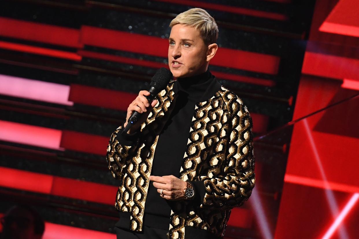 US comedian Ellen DeGeneres introduces Lil Nas X and Billy Ray Cyrus during the 62nd Annual Grammy Awards on January 26, 2020, in Los Angeles. (Photo by Robyn Beck / AFP) (Photo by ROBYN BECK/AFP via Getty Images) ORG XMIT: 62nd Annu ORIG FILE ID: AFP_1OF3A3