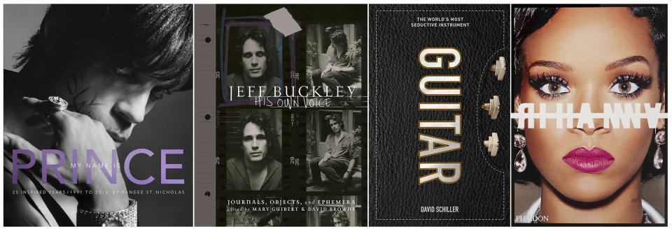 This combination photo of cover images shows, from left, "My Name is Prince" by Randee St. Nicholas, “Jeff Buckley: His Own Voice,” edited by Mary Guibert and David Browne, "Guitar: The World's Most Seductive Instrument," by David Schiller and “Rihanna,” by Rihanna. (Amistad/Da Capo Press/Workman Publishing/Phaidon via AP)