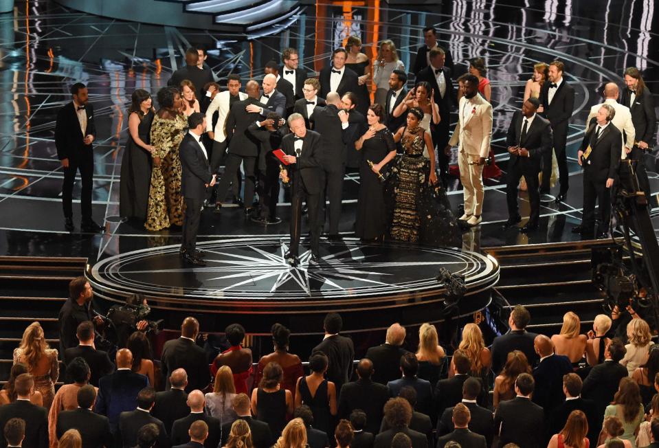 Awkward: Warren Beatty on stage during the Best Picture announcement: Mark Ralston/AFP/Getty Images