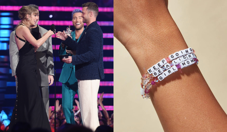 taylor swift accepting a VMA award from n'sync / an arm wearing three friendship bracelets
