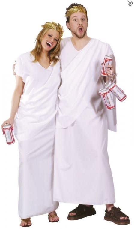 Again, another easy DIY example. If you are taking the kids trick-or-treating, make sure those beer cans are empty, folks.   <a href="http://www.halloweenexpress.com/toga-costume-p-3974.html" target="_blank">Get it here.</a>