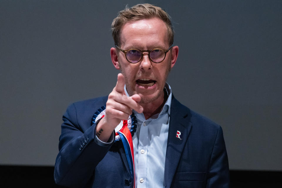 Candidate Laurence Fox (Reclaim Party) addresses hustings for the Uxbridge and South Ruislip by-election at Brunel University in Uxbridge on 13 July 2023 in London, United Kingdom. A by-election was triggered in Uxbridge and South Ruislip when former Prime Minister Boris Johnson resigned in advance of a judgment from Parliament's Privileges Committee. (photo by Mark Kerrison/In Pictures via Getty Images)