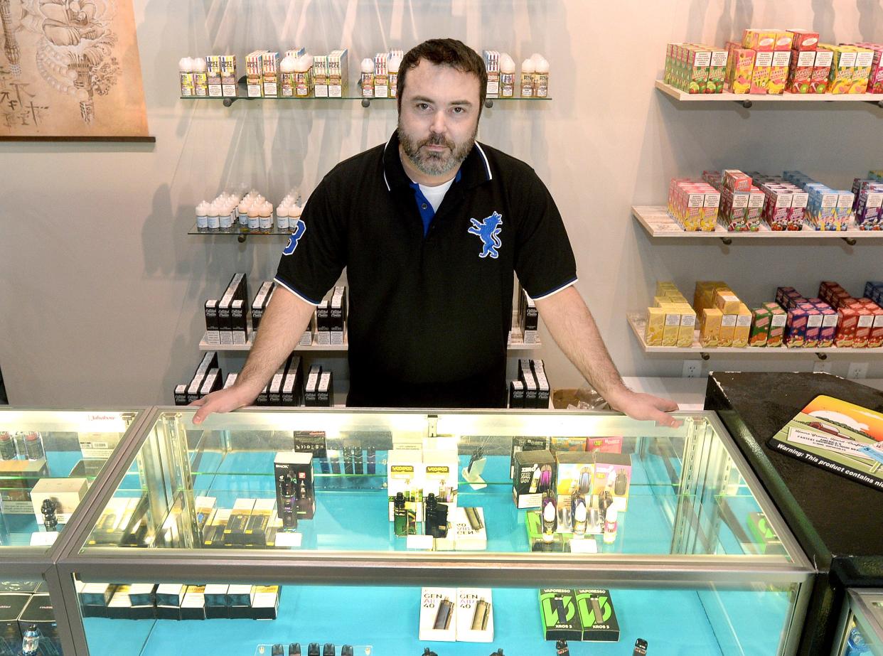 Matthieu Fortin, owner of the Upper Limits vaping shop, is seen at his store on Tuesday, April 9, 2024, in Springfield.