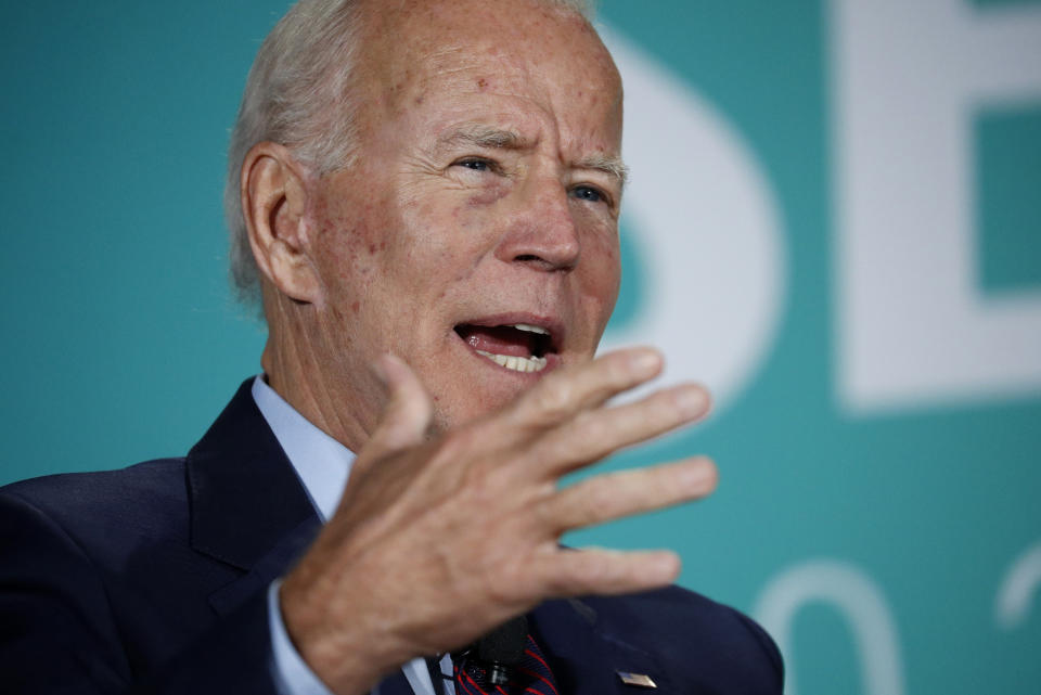 Former Vice President and Democratic presidential candidate Joe Biden speaks during a public employees union candidate forum Saturday, Aug. 3, 2019, in Las Vegas. (AP Photo/John Locher)