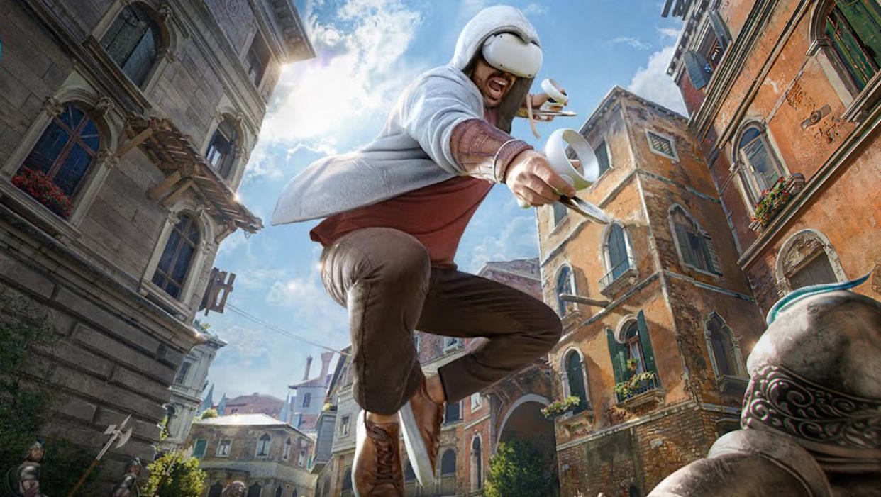  Assassin's Creed Nexus launch trailer title art - VR goggles-wearing assassin jumping at a guy in armor. 