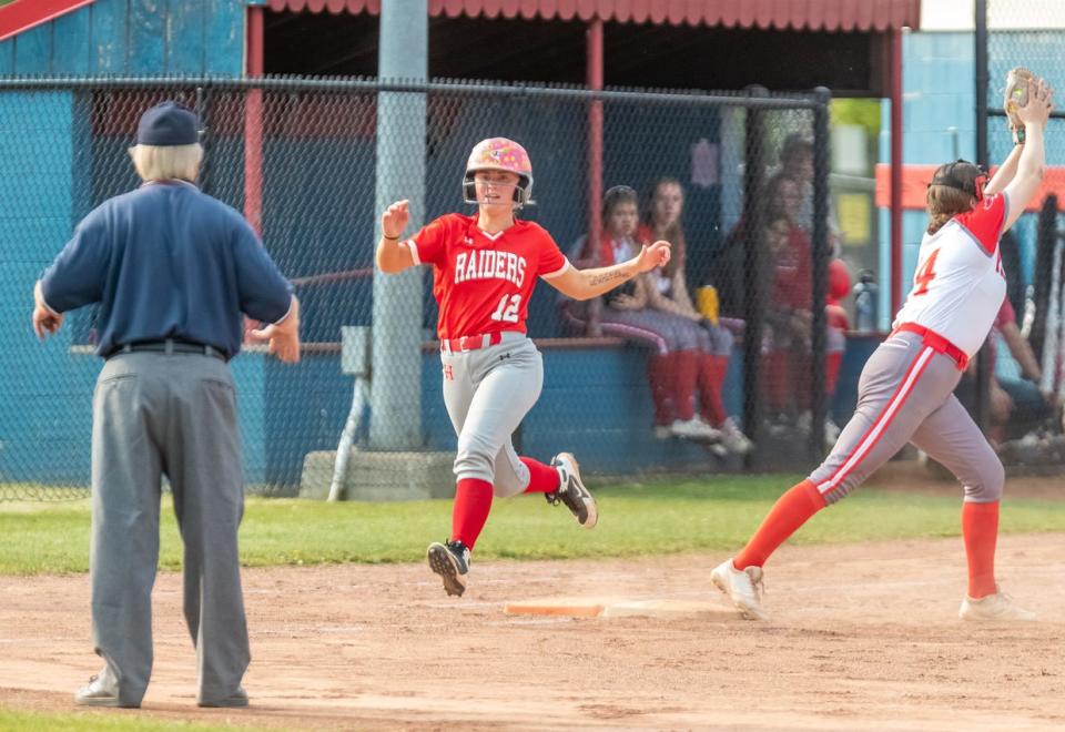 Hornell's Ireland Harrison hustles down the first base line during Monday's 9-3 Section V playoff win over visiting Palmyra-Macedon.