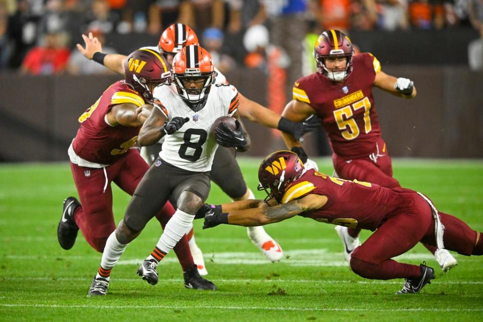 Cleveland Browns wide receiver Elijah Moore runs against the Washington Commanders during a preseason game Friday in Cleveland.