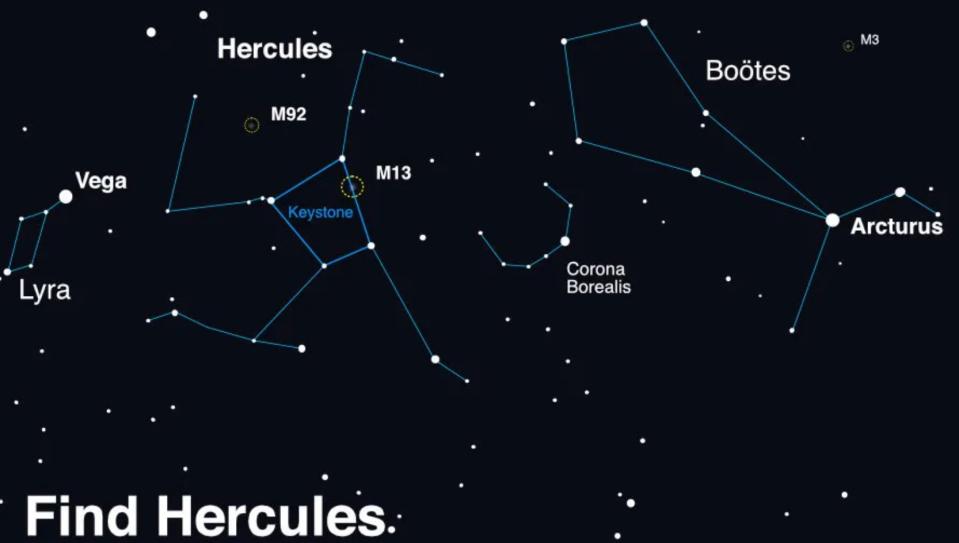 a map of the night sky showing the hercules constellation, which appears slightly humanoid