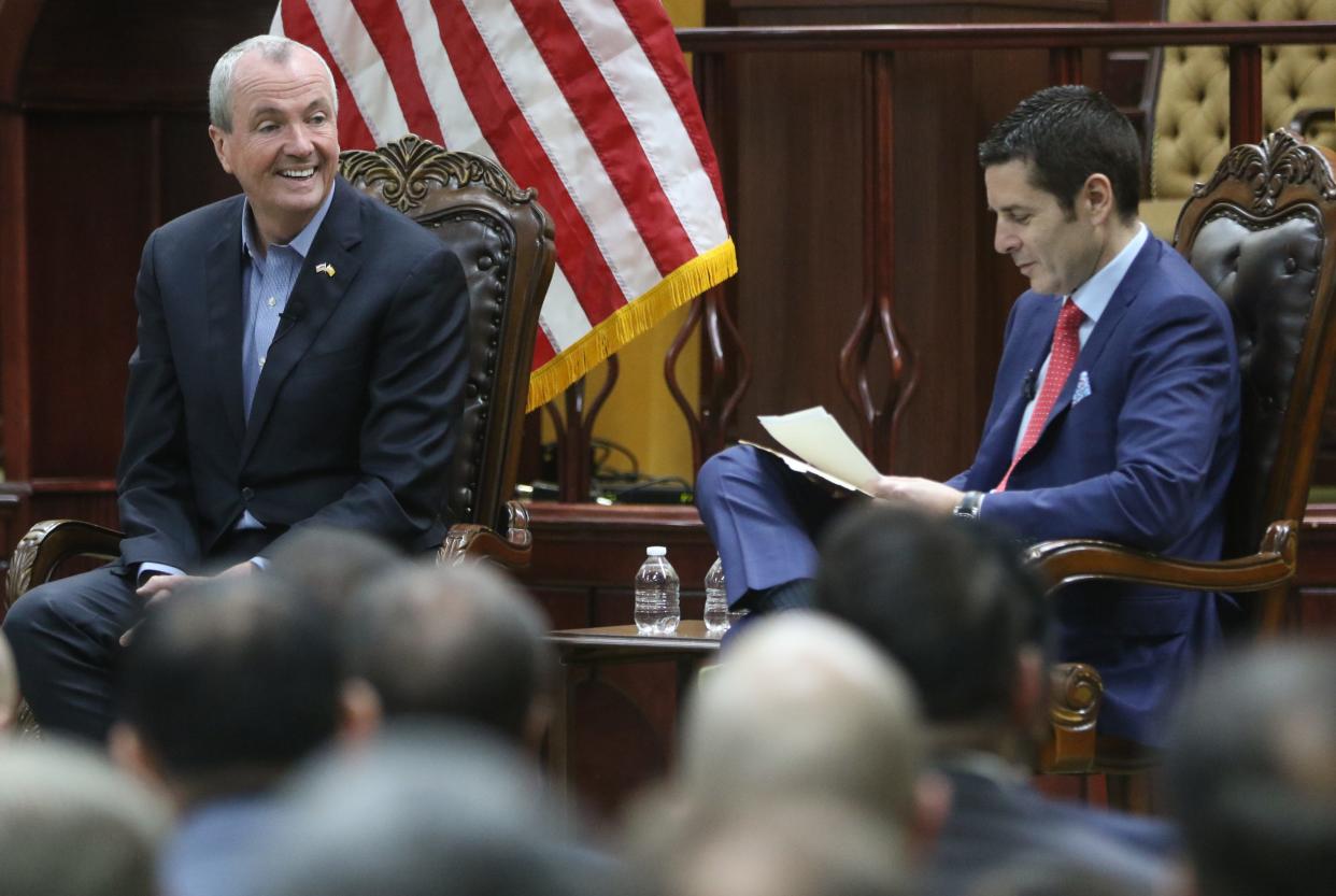 Gov. Phil Murphy is shown with SirusXM Radio Host, Dean Obeidallah, during the Middle Class Blueprint Town Hall, at the Islamic Center of Passaic County, in Paterson. Tuesday, April, 16, 2019