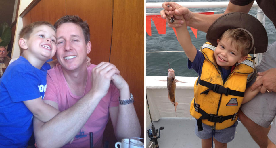 Tom and his dad David McLaughlin (left) and Tom holding a fish on a boat (right). 