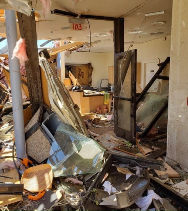 Photos of the aftermath of the tornado at the Caddo Mounds State Historic Site in 2019